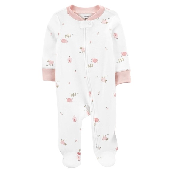 White and Pink Sheep Footed Pajama Onesie - Picture 1 of 6